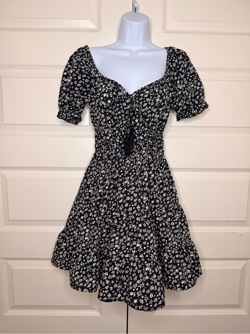 Blush Black Floral Midi Dress with White Flowers